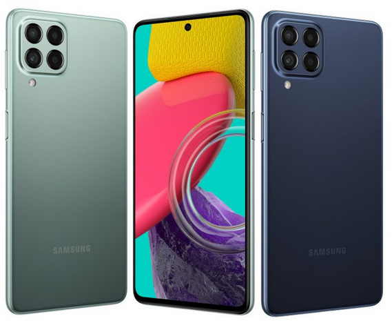 picture of Samsung M53. showing the 3 different colors of the phone.